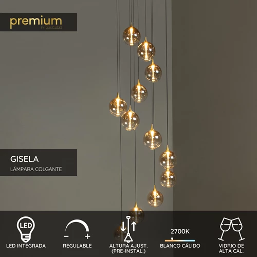 Lucide GISELA - Lámpara colgante - Ø 61 cm - LED Regul. - 12x3,5W 2700K - Ámbar | Premium - USP